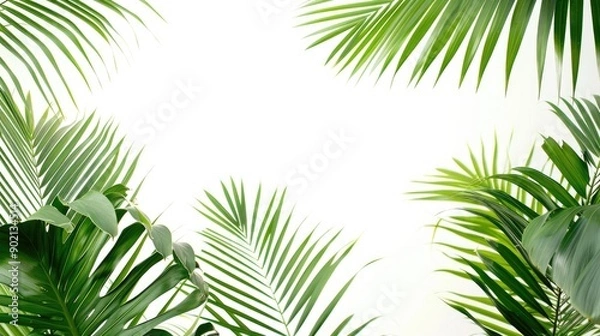 Fototapeta Green palm leaves close up on white background panoramic view