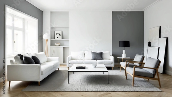 Obraz Scandinavian minimalist aesthetic living room with a color palette of white, gray and light wood. Simple but elegant design with a sleek sofa, minimalist coffee table and several pieces of art.