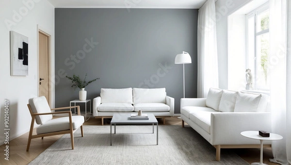 Obraz Simple but elegant design with a sleek sofa, minimalist coffee table and several pieces of art. Scandinavian minimalist aesthetic living room. 