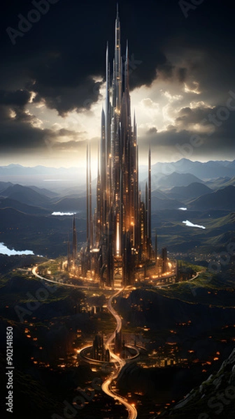 Fototapeta A futuristic city with a towering skyscraper and winding road, set against a dramatic cloudy sky and mountainous landscape.