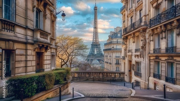 Fototapeta Eiffel Tower at sunset in Paris, France. Romantic travel background