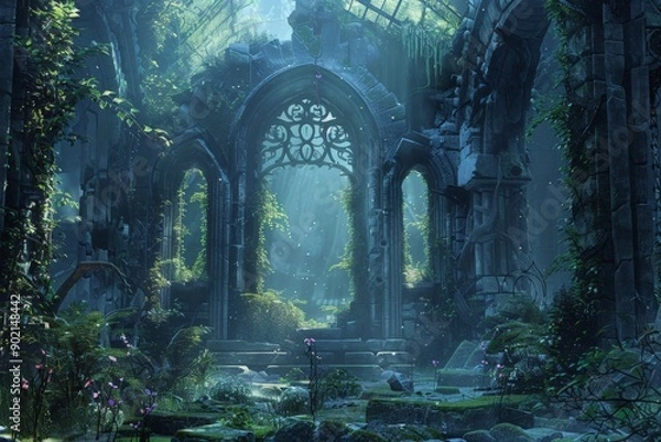 Fototapeta Fantasy ruin with glowing runes and enchanted flora, creating a magical and otherworldly ambiance that invites imagination 