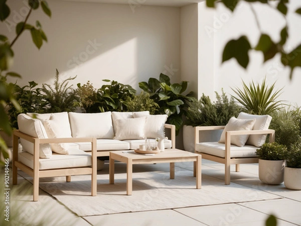 Fototapeta A Scandinavian style outdoor patio with light wood furniture, simple white cushions, and a few green plants.