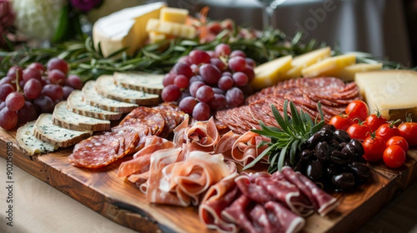 Fototapeta A platter of assorted meats and cheeses is displayed on a wooden board