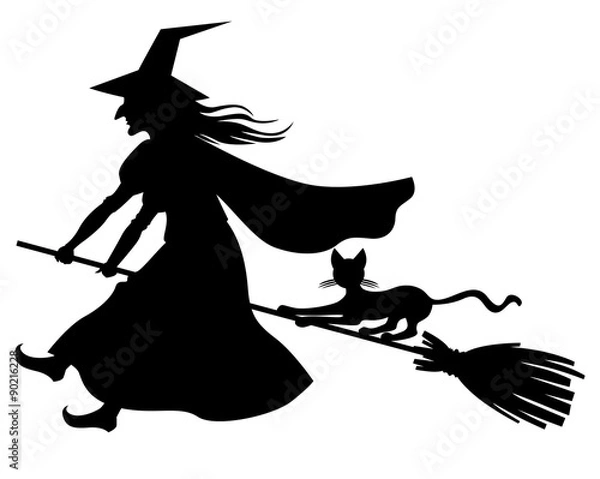 Obraz Witch and cat flying on broom