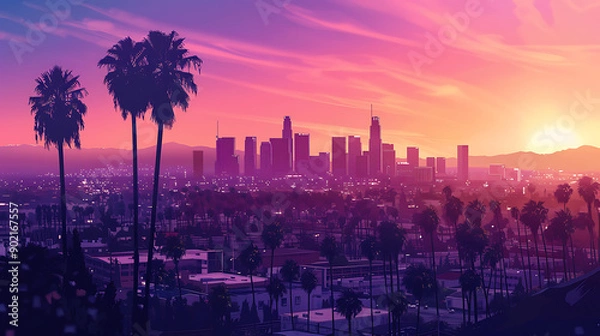 Fototapeta Los Angeles skyline with palm trees in the foreground