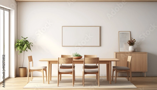 Fototapeta Minimalist Scandinavian dining room clean lines with empty frame