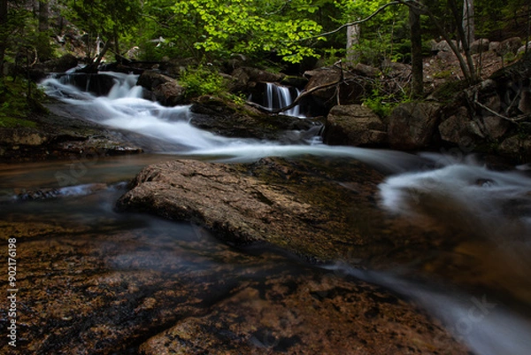 Fototapeta waterfalls and long cascades flow over granite boulders worn smooth from the streaming waters.