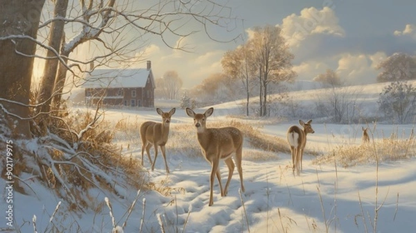 Fototapeta Three deer are standing in the snow in front of a red barn. The scene is peaceful and serene, with the snow-covered landscape creating a sense of calmness