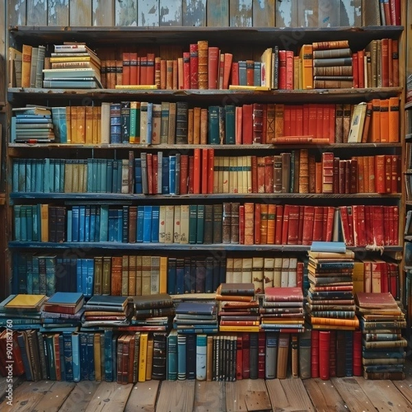 Fototapeta Vibrant Pop Art Bookshelf with Whimsical Book Spine Arrangement,Colorful Literary Treasures on Display