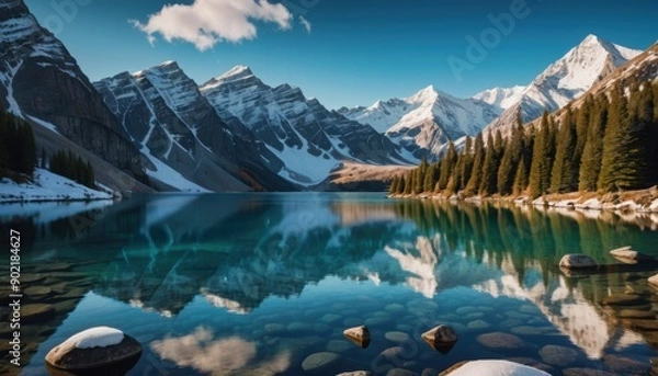 Obraz environment, Breathtaking Mountain Lake with Reflections on Water and Snow-Capped Peaks
