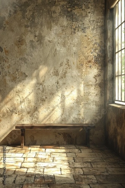 Fototapeta Empty Stone Bench in Sunlit Room