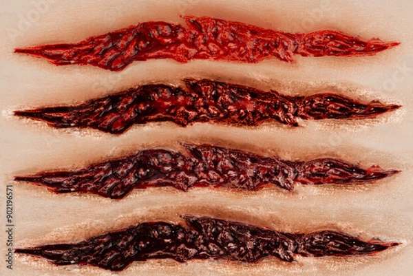 Obraz Closeup on four bloody scars in different shades of color. Ideal for photo editing.