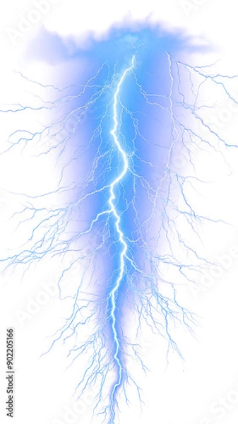 Fototapeta A powerful lightning bolt strikes through a dark blue sky, creating a dramatic and electrifying visual.
