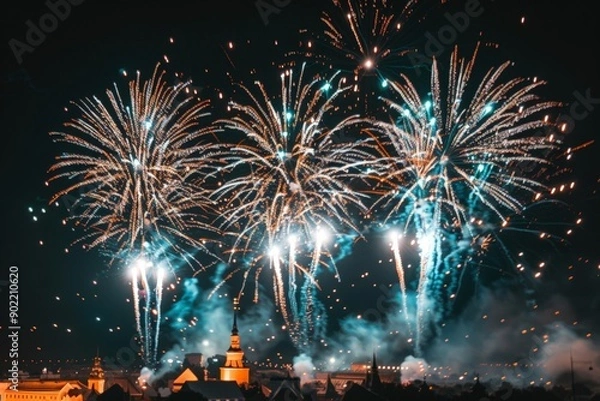 Fototapeta Nighttime Fireworks Display Over City Skyline