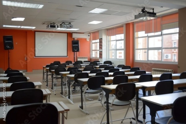 Fototapeta Empty Classroom with Rows of Desks and Chairs