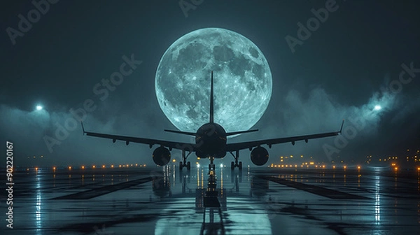 Fototapeta A plane on the runway, perfectly aligned with a full moon in the background, creating a surreal and breathtaking nocturnal scene.