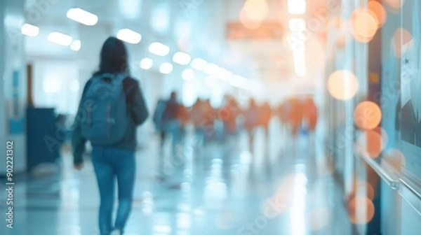 Fototapeta Students walk through a busy hallway, with blurred bokeh effects highlighting their movements in an academic environment