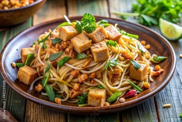 Obraz Vibrant vegetarian pad thai dish featuring stir-fried rice noodles, crispy tofu, bean sprouts, and peanuts in a rich, savory tamarind-based sauce, garnished with fresh herbs.