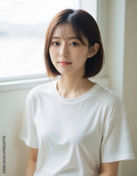 Obraz Portrait photo of Beautiful Japanese Woman in Casual Attire Posing by Window with Natural Light.