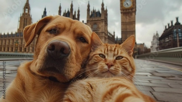 Fototapeta A golden retriever and a ginger cat take a fun selfie with Big Ben and Westminster Bridge in London. Ideal for travel, friendship, and pet themes.
