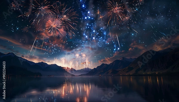 Obraz Colorful fireworks illuminate the starry night sky, reflecting on a calm lake with mountains in the background.