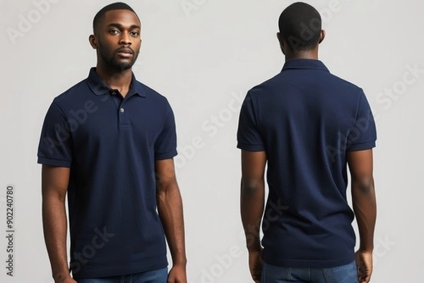 Fototapeta A man in a navy polo shirt faces the camera with a relaxed pose and expression, hands at his sides against a light background