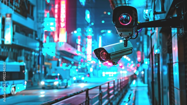 Fototapeta Advanced AI surveillance platforms monitoring critical infrastructure, employing intelligent analytics for security, threat detection, and real-time monitoring