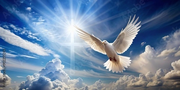Obraz "Winged dove soars in front of the cross set against a serene blue sky with puffy white clouds, symbolizing the Holy Spirit in Christianity."