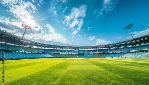 Obraz Empty cricket stadium, bright green field, blue sky with clouds, wideangle, vibrant and expansive