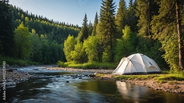 Fototapeta white tent for camping on a river forest background