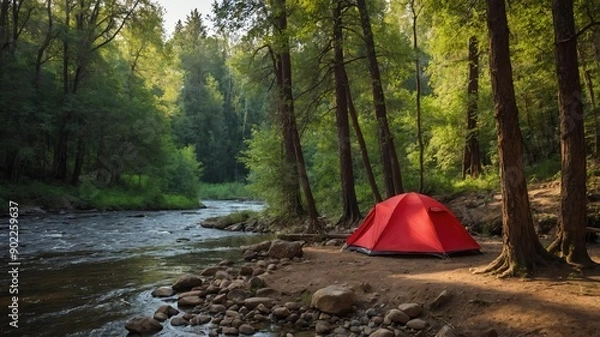 Fototapeta red tent for camping on a river forest background
