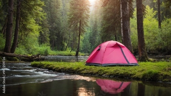 Fototapeta pink tent for camping on a river forest background