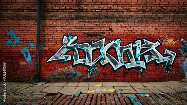 Fototapeta red brick wall with grungy texture and graffiti for ba background