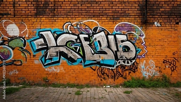 Fototapeta orange brick wall with grungy texture and graffiti for background