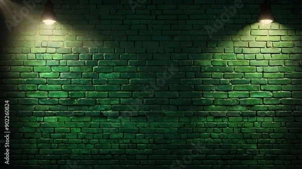 Fototapeta green brick wall with grungy texture and spotlight for background