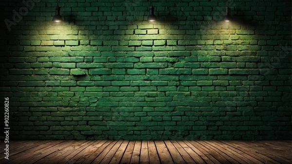 Fototapeta green brick wall with grungy texture and spotlight for background