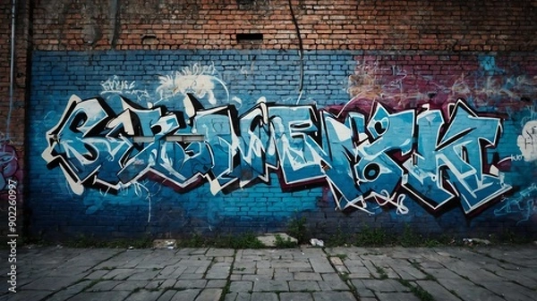 Fototapeta blue brick wall with grungy texture and graffiti for b background