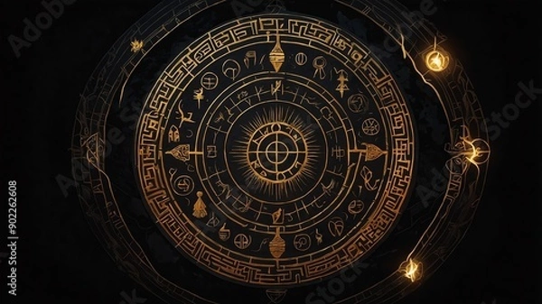 Fototapeta top view of an ancient runic magic circle with gold li background
