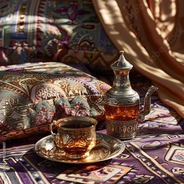 Obraz Iconic Abrian fabric is graced with sybbols of Arabia, in particular Arabic tea and dates, they symbolise Arabian hospitality