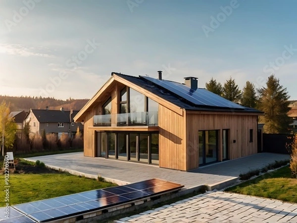 Fototapeta Close-up of a new suburban house with a photovoltaic system on the roof. Simple and modern environmentally friendly house with solar panels on the gable roof, with sunlight during the day
