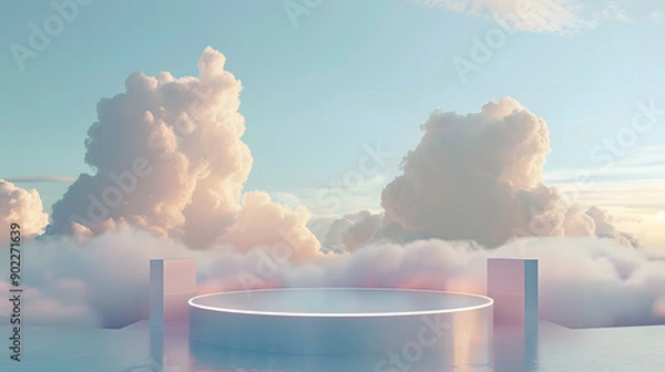 Fototapeta platform with pastel 3D podium, cloud scene, luxury stage, minimal abstract background, beauty dreamy space studio with pedestal smoke, geometric white showcase