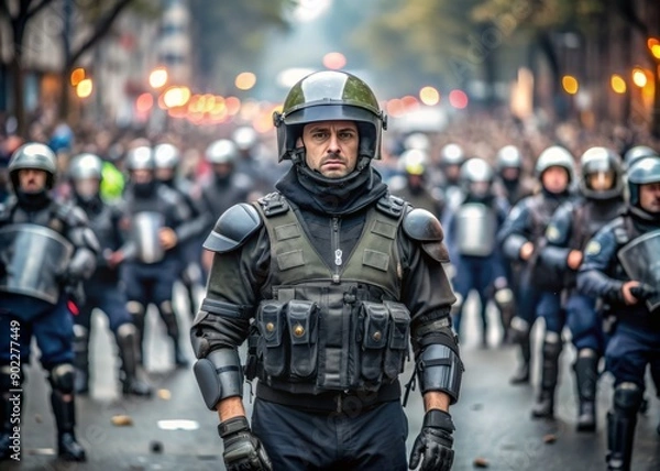 Fototapeta Authoritative figure in police gear stands firm amidst chaotic scene, blurred masses of demonstrators fill the background, conveying tension and social unrest.