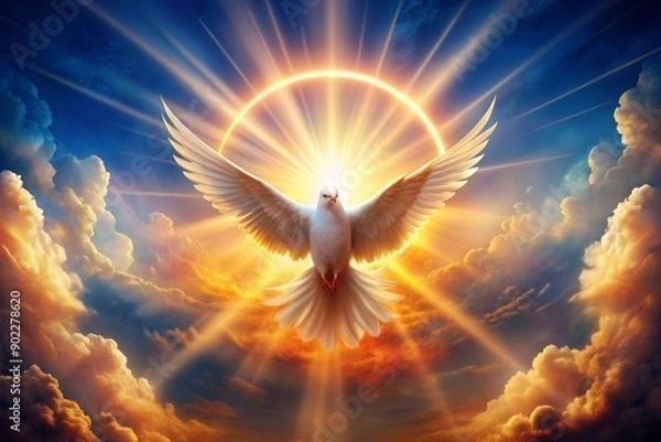 Fototapeta Vibrant digital illustration of a fiery dove descending upon a bright halo surrounded by shimmering rays of light and gentle wisps of cloud.
