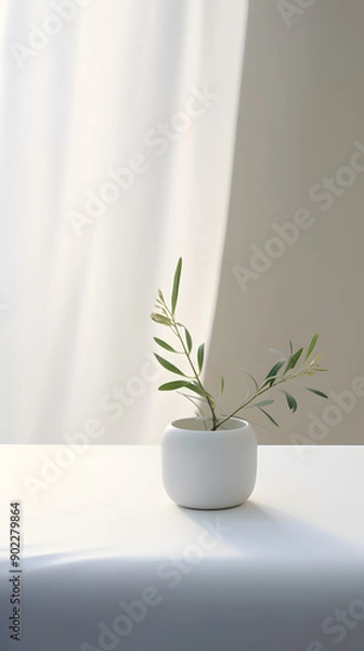 Fototapeta white minimalist plant and table scene setting poster background with Generative