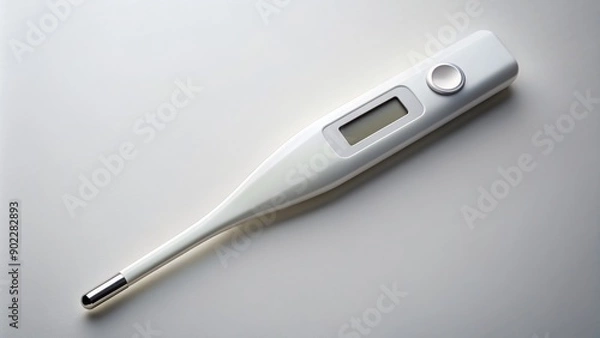 Fototapeta A sleek digital thermometer with a clear LCD display and slender design lies on a plain neutral background, capturing modern health monitoring technology.