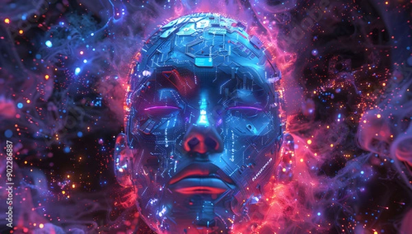 Fototapeta A digital illustration of an AI robot head with glowing data streams in the background. The cybernetic head profile showcases a digital human head with illuminated circuitry and flowing data.