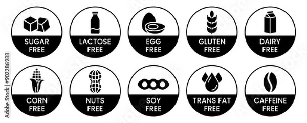 Fototapeta Set allergen free icons. Allergen free products. Products warning symbols. Lactose, gluten, sugar, corn, egg, trans fat, soy, nuts free, coffeine sign.