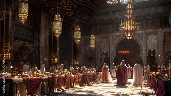 Fototapeta A grand feast takes place in a palatial hall adorned with ornate chandeliers and intricate carvings.