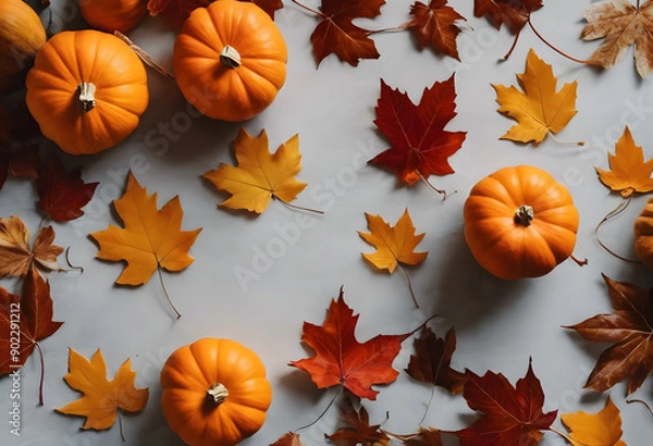 Fototapeta A serene autumn scene featuring several pumpkins scattered surrounded by vibrant orange and yellow leaves. Creating a warm, seasonal atmosphere. Halloween concept.